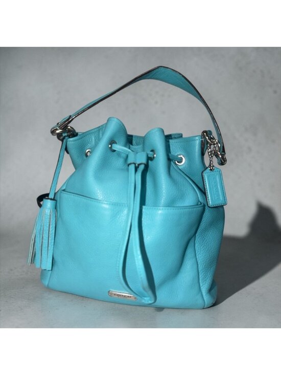 Coach Avery Drawstring Bucket Bag F27003 Robins Egg Blue Pebbled Leather Purse - Picture 2 of 10